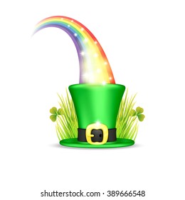 Green hat leprechaun with clover in the grass at the end of the rainbow, vector illustration for St Patrick's Day