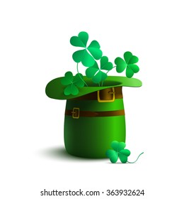 Green hat  leprechaun  clover leaves.Vector illustration for St. Patrick's Day. St Patrick's Day element.Isolated object