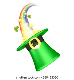 Green hat leprechaun full of gold coins and clover at the end of the rainbow, vector illustration for St Patrick's Day