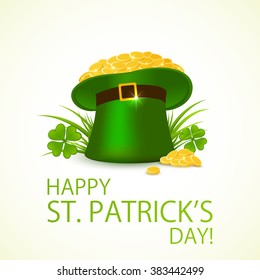 Green hat of leprechaun with gold in clover in background of Happy Patrick's Day, illustration.