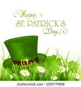 Green hat of leprechaun in grass and clover on white background, holiday lettering Happy St. Patrick's Day, illustration.