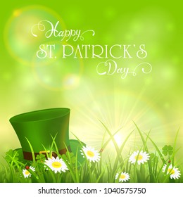 Green hat of leprechaun in grass and clover on sunny background. Holiday lettering Happy St. Patrick's Day, illustration.