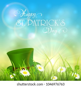 Green hat of leprechaun in grass and clover on blue sky background. Holiday lettering Happy St. Patrick's Day, illustration.