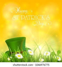 Green hat of leprechaun in grass and clover on yellow sunny sky background. Holiday lettering Happy St. Patrick's Day, illustration.