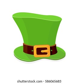 Green hat of leprechaun for Patrick Day on white background, illustration.