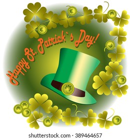 green hat on a background of gold  leaf clover and coins