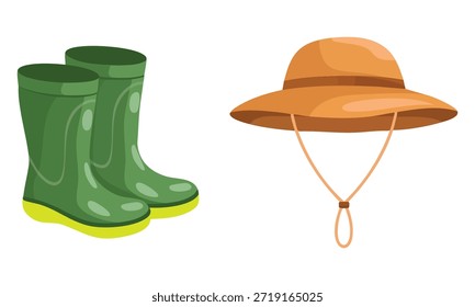 Green hat and pair of boots vector set for fisherman isolated illustration perfect for outdoor activity nature hobby or cartoon themed artwork