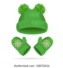 Green Hat with a Pompom and Mitten Set Warm Clothing for Cold. Vector illustration