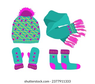 Green Hat with a Pompom, Scarf, socks and Mitten Set Knitted Seasonal Winter Traditional Accessories with Ornament