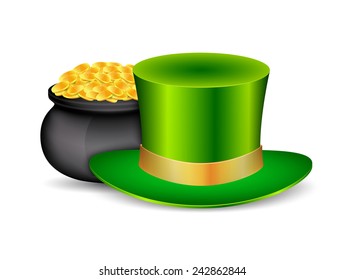 Green hat with pot of gold isolated white. St. Patrick's day. EPS10 vector