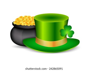 Green hat with pot of gold isolated white. St. Patrick's day. EPS10 vector