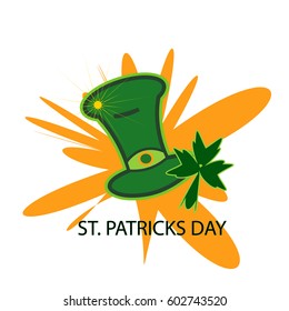 Green hat and Shamrock for St. Patrick's Day on the Golden background of blots