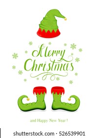 Green hat and shoes elf isolated on white background, holiday costume and lettering Merry Christmas and Happy New Year, illustration.