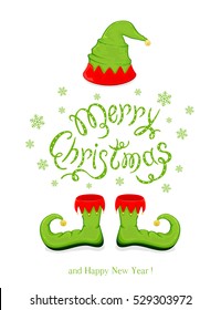 Green hat and shoes elf isolated on white background, holiday costume and lettering Merry Christmas and Happy New Year with snowflakes, illustration.