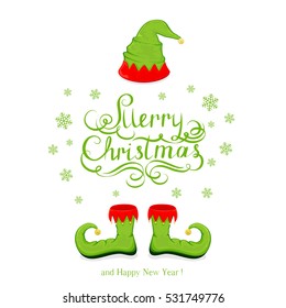 Green hat and shoes elf isolated on white background, lettering Merry Christmas and Happy New Year with snowflakes and holiday costume, illustration.