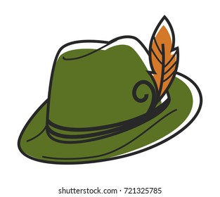 Green hat with small yellow feather isolated illustration