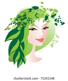 Green hat. A stylized portrait of a smiling girl on a background of  green foliage