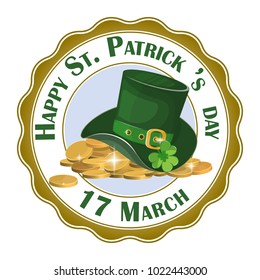 Green hat. Two leaf clover. Happy St. Patrick s Day inscription. Isolated on white background. Vector illustration