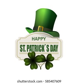 Green hat. Two leaf clover. Happy St. Patrick's Day inscription. Isolated on white background. Vector illustration