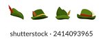Green hats with archers and hunters feather. Medieval beret symbol of robin hood with stylish knight vector era design