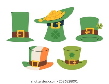 Green hats of Leprechaun set. Irish holiday Saint Patrick's Day symbol. Retro bowler hats for festival or party decoration. Flat vector illustration.