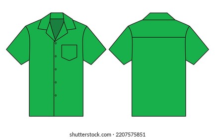 Green Hawaiian Shirt With Pocket Template On White Background.
Front And Back View, Vector File.