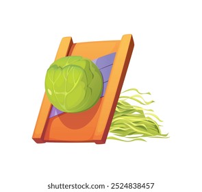 Green head of cabbage being shredded on wooden grater or slicer, showcasing preparation of fresh vegetables in the cooking process. Cartoon vector theme of healthy eating, food cook and culinary skill