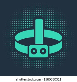 Green Head flashlight icon isolated on blue background. Tourist head flashlight. Camping head light. Abstract circle random dots. Vector Illustration