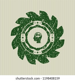 Green head with gears inside icon inside distress rubber grunge texture stamp