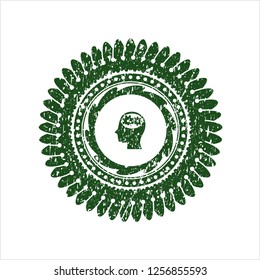 Green head with gears inside icon inside distress rubber grunge stamp