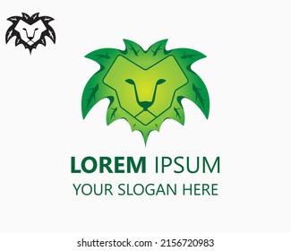 plantilla de diseño del logotipo del león de cabeza verde. vector de ilustración de león de cabeza y hoja