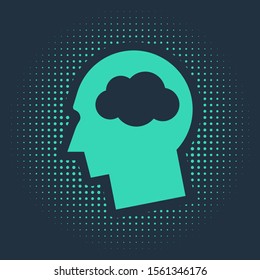 Green Head silhouette with cloud icon isolated on blue background. Dreaming sign. Abstract circle random dots. Vector Illustration