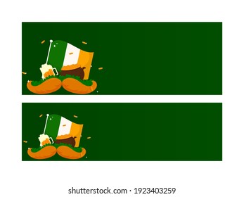 Green Header Or Banner Design With Irish Flag, Beer Mug, Shamrock Leaves, Mustache And Treasure Pot In Two Options.