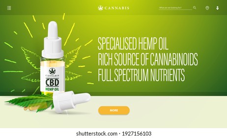 Cabecera verde para el sitio web con aceite del CBD y elementos de interfaz del sitio web. Afiche del sitio web con botella de aceite del CBD con hojas de pipeta y marihuana