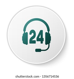 Green Headphone for support or service icon on white background. Concept of consultation, hotline, call center, faq, maintenance, assistance. Green circle button. Vector Illustration