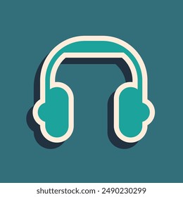 Green Headphones icon isolated on green background. Earphones. Concept for listening to music, service, communication and operator. Long shadow style. Vector