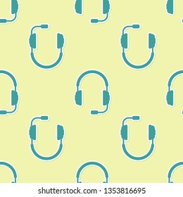Green Headphones with microphone icon seamless pattern on yellow background. Earphones sign. Concept object for listening to music, service, communication and operator. Vector Illustration