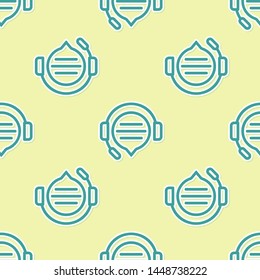 Green Headphones with speech bubble chat icon isolated seamless pattern on yellow background. Support customer service, hotline, call center, faq, maintenance.  Vector Illustration