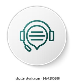 Green Headphones with speech bubble chat icon isolated on white background. Support customer service, hotline, call center, faq, maintenance. White circle button. Vector Illustration