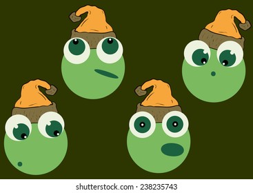 The green heads with different emotions in caps