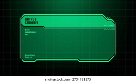 Green heads up display vector graphics with output channel data. Futuristic digital interface for information visualization and communication concept.