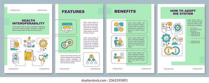 Green health interoperability resources brochure template, leaflet design with thin linear icons, 4 vector layouts.