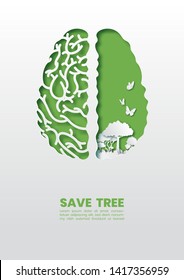 Green Healthy Brain With Trees And Butterfly Concept,Paper Art And Digital Craft Style.