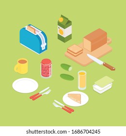 Green healthy breakfast set with toaster. Isometric vector illustration in flat design.