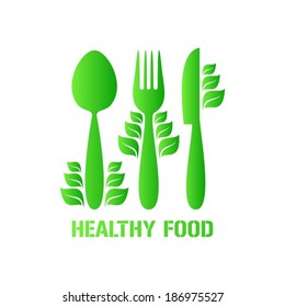 Green healthy food icon with cutlery and leaves