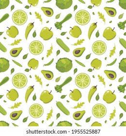 Green healthy food seamless pattern. Vector, drawings of vegetables on a white background.
