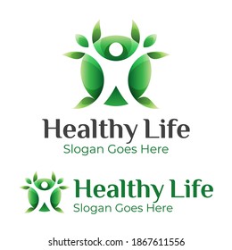 green healthy leaf with negative space people yoga logo design vector template