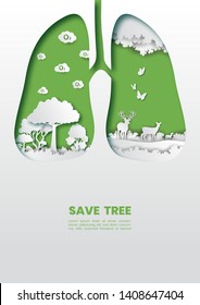 Green healthy lungs with trees concept,Paper art and digital craft style.