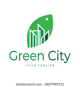 green and healthy modern city with leaf logo design for business, property, building, eco city, future city, architect, environmentally friendly