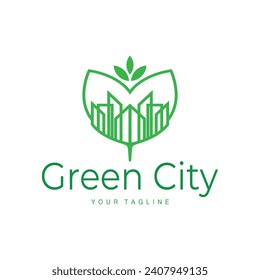 green and healthy modern city with leaf logo design for business, property, building, eco city, future city, architect, environmentally friendly